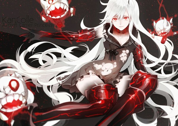 Anime picture 1129x800 with kantai collection aircraft carrier hime kurisu takumi long hair looking at viewer fringe open mouth light erotic simple background red eyes sitting bare shoulders from above teeth one side up outstretched arm black background sharp teeth white skin shinkaisei-kan