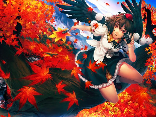 Anime picture 1600x1200 with touhou shameimaru aya simosi red eyes brown hair sky autumn girl plant (plants) wings tree (trees) leaf (leaves) fan camera hauchiwa tech