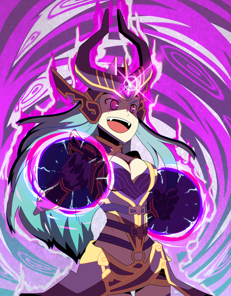 Anime picture 1000x1281 with league of legends syndra single long hair tall image breasts open mouth pink eyes aqua hair teeth fang (fangs) girl gloves helmet crystal