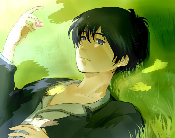 Anime picture 1200x950 with the borrower arrietty studio ghibli shou (the borrower arrietty) shima chorako single short hair blue eyes black hair lying boy plant (plants) grass