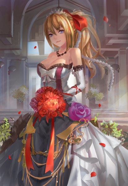 Anime picture 1800x2614 with warship girls r lexington (warship girls r) magician (china) single long hair tall image looking at viewer highres blue eyes blonde hair ponytail girl dress gloves flower (flowers) petals white gloves bouquet