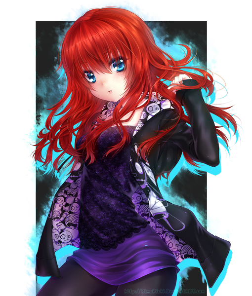 Anime picture 1100x1294 with original rimapichi single long hair tall image blush open mouth blue eyes red hair freckles girl pantyhose cape