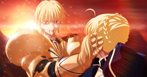 Anime picture 1772x940 with fate (series) fate/zero type-moon artoria pendragon (all) saber gilgamesh (fate) eroishi highres short hair blonde hair smile red eyes wide image sky ahoge sunlight coloring evening sunset girl