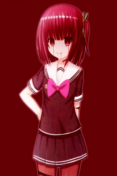 Anime picture 2000x3000 with toyokawa itsuki (p mayuhime) single tall image looking at viewer highres simple background smile red eyes red hair red background girl uniform school uniform blood