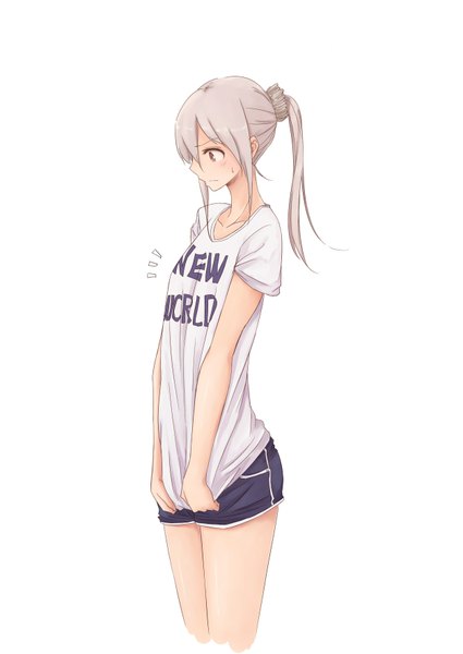Anime picture 1254x1771 with original rutchifu single long hair tall image blush simple background red eyes standing white background looking away ponytail profile grey hair inscription text english clothes writing girl shorts