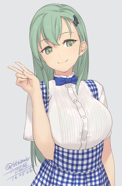Anime picture 526x800 with kantai collection suzuya heavy cruiser rokuwata tomoe single long hair tall image fringe breasts simple background smile hair between eyes large breasts green eyes signed looking away upper body green hair grey background dated plaid skirt