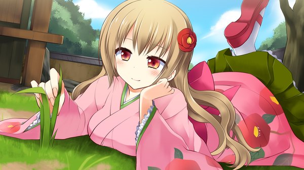 Anime picture 1280x720 with sengoku hime 4 long hair blush red eyes brown hair wide image game cg traditional clothes japanese clothes hair flower girl hair ornament plant (plants) kimono grass