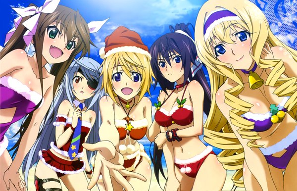 Anime picture 4742x3057 with infinite stratos 8bit charles dunois laura bodewig cecilia orcott shinonono houki fang linyin hashimoto takayoshi long hair looking at viewer blush highres open mouth blue eyes light erotic blonde hair smile red eyes brown hair purple eyes