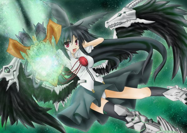 Anime picture 2500x1780 with touhou reiuji utsuho saboten teishoku single long hair looking at viewer highres open mouth light erotic black hair pink eyes pantyshot legs black wings arm cannon girl thighhighs underwear panties weapon