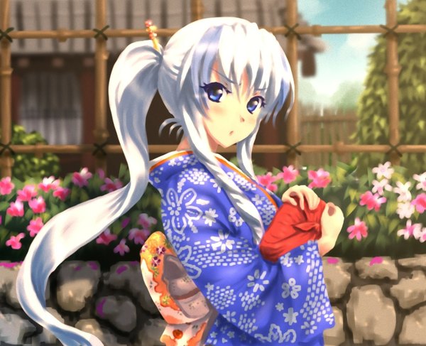 Anime picture 1478x1200 with touhou kamishirasawa keine kezune (i- -i) single long hair blush fringe blue eyes holding white hair ponytail long sleeves traditional clothes parted lips japanese clothes wide sleeves floral print street girl hair ornament