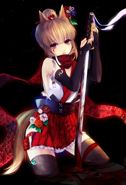 Anime picture 1900x2800 with original renkarua single tall image looking at viewer fringe highres breasts simple background blonde hair bare shoulders holding animal ears tail traditional clothes parted lips japanese clothes animal tail pink eyes lips