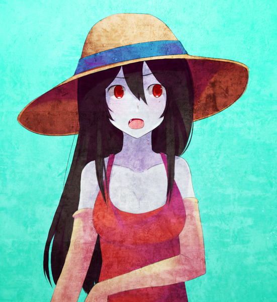 Anime picture 926x1009 with adventure time marceline (adventure time) single long hair tall image blush breasts open mouth black hair simple background red eyes looking away girl gloves ribbon (ribbons) hat straw hat