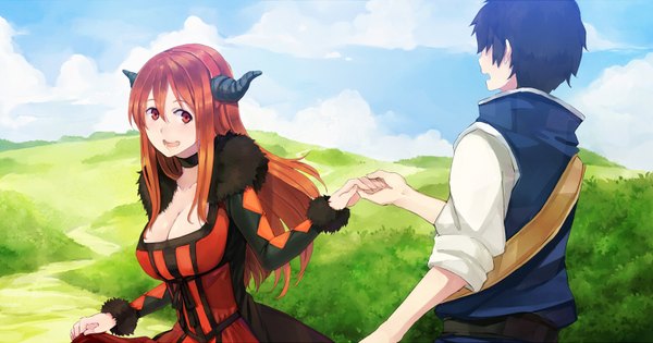 Anime picture 1519x800 with maoyuu maou yuusha arms corporation maou (maoyuu) yuusha (maoyuu) hao (patinnko) long hair short hair breasts open mouth black hair red eyes wide image large breasts red hair horn (horns) couple girl dress boy