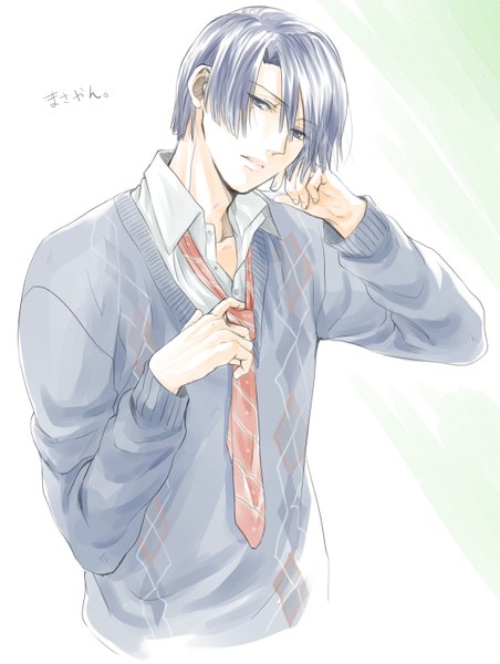 Anime picture 1091x1448 with uta no prince-sama a-1 pictures hijirikawa masato porry single tall image looking at viewer short hair upper body grey hair inscription arm support grey eyes adjusting necktie boy uniform school uniform necktie sweater