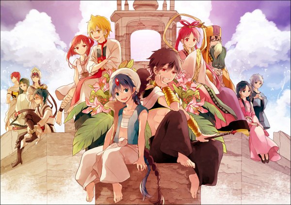 Anime picture 1280x902 with magi the labyrinth of magic a-1 pictures morgiana judal aladdin (magi) ali baba saluja ja'far (magi) sinbad (magi) ren kougyoku ren hakuryuu ren hakuei masrur ka koubun ri seishun long hair short hair blue eyes blonde hair red eyes brown hair