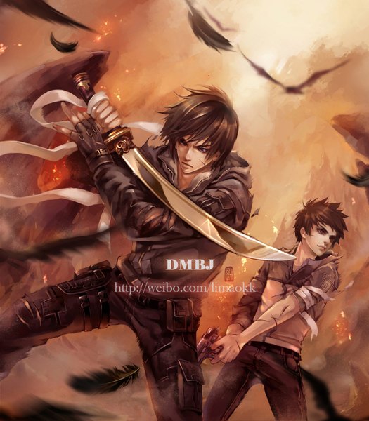 Anime picture 1200x1370 with original futanuki tall image short hair brown hair realistic inscription torn clothes boy gloves weapon sword fingerless gloves gun feather (feathers)