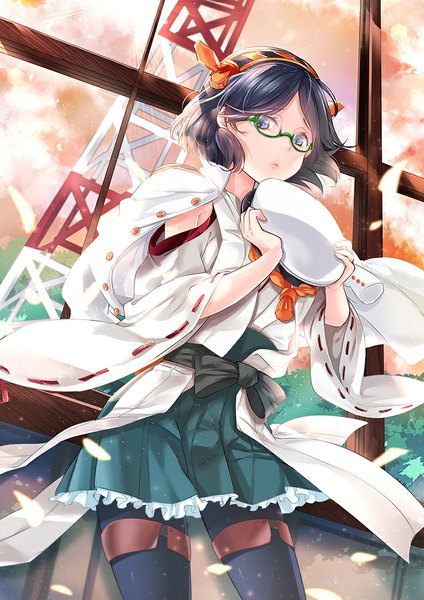 Anime picture 723x1023 with kantai collection kirishima battleship hisapanda single tall image looking at viewer short hair blue eyes black hair traditional clothes girl hair ornament petals glasses