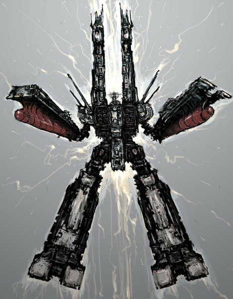 Anime picture 1014x1300 with macross choujikuu yousai macross sdf-1 daedalus prometheus (ship) moto murabito (artist) tall image simple background grey background flying