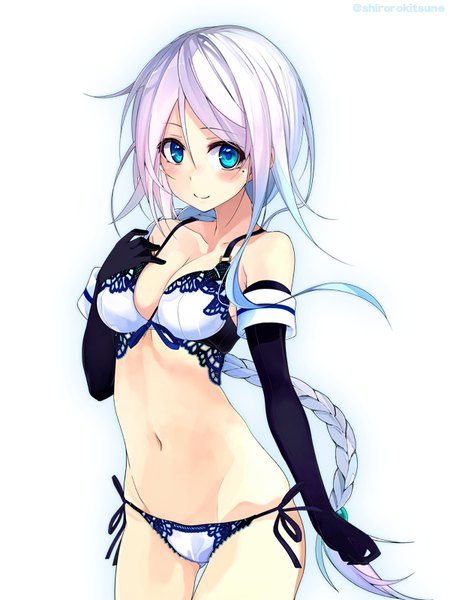 Anime picture 600x800 with kantai collection umikaze (kantai collection) shirokitsune single long hair tall image looking at viewer blush fringe light erotic simple background smile hair between eyes white background signed silver hair purple hair braid (braids) aqua eyes mole