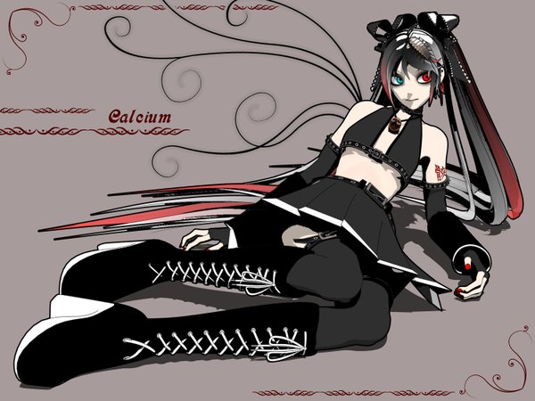 Anime picture 1500x1125 with vocaloid bacterial contamination (vocaloid) hatsune miku deino single black hair twintails lying very long hair heterochromia girl thighhighs hair ornament ribbon (ribbons) black thighhighs hair ribbon detached sleeves miniskirt boots fingerless gloves