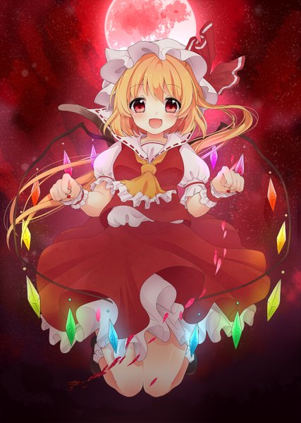 Anime picture 821x1154 with touhou flandre scarlet shiika yuno single tall image looking at viewer blush short hair open mouth blonde hair red eyes nail polish one side up jumping red nail polish red moon girl dress skirt wings