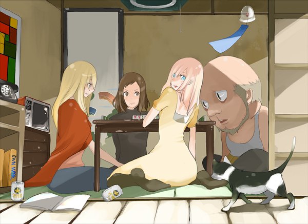 Anime picture 1056x770 with original tansuke long hair blonde hair brown hair sitting multiple girls brown eyes pink hair aqua eyes bald playing games what girl thighhighs dress boy pantyhose 3 girls cat