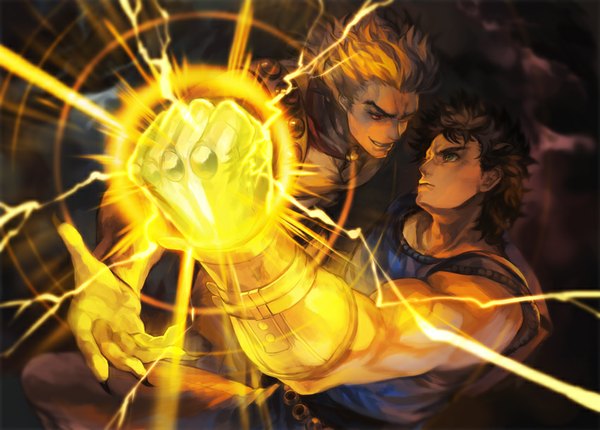 Anime picture 850x610 with jojo no kimyou na bouken dio brando jonathan joestar oburaato short hair black hair blonde hair red eyes bare shoulders yellow eyes profile fingernails multiple boys glowing long fingernails face to face battle boy 2 boys fist