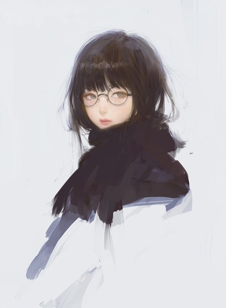 Anime picture 809x1102 with original mujiha (mlog) single tall image fringe short hair black hair simple background looking away upper body parted lips grey background grey eyes portrait girl glasses clothes
