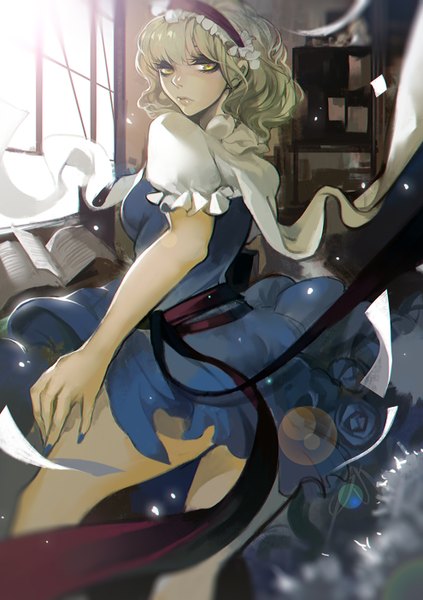 Anime picture 990x1404 with touhou alice margatroid miyako (pixiv) single tall image looking at viewer short hair blonde hair nail polish wind turning head eyeshadow girl dress ribbon (ribbons) window hairband book (books) paper mantle