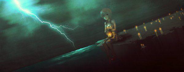 Anime picture 2041x800 with yume nikki madotsuki rynies single highres red eyes brown hair wide image sitting braid (braids) twin braids dark background landscape lightning dualscreen girl thighhighs skirt shirt lantern