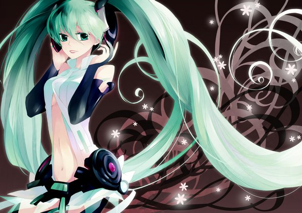 Anime picture 2000x1414 with vocaloid vocaloid append hatsune miku hatsune miku (append) highres twintails green eyes very long hair green hair girl detached sleeves headphones