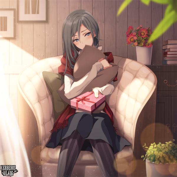 Anime picture 1600x1600 with original tokumaru single long hair blush fringe blue eyes black hair sitting holding looking away indoors long sleeves head tilt sunlight blurry embarrassed hug text lens flare