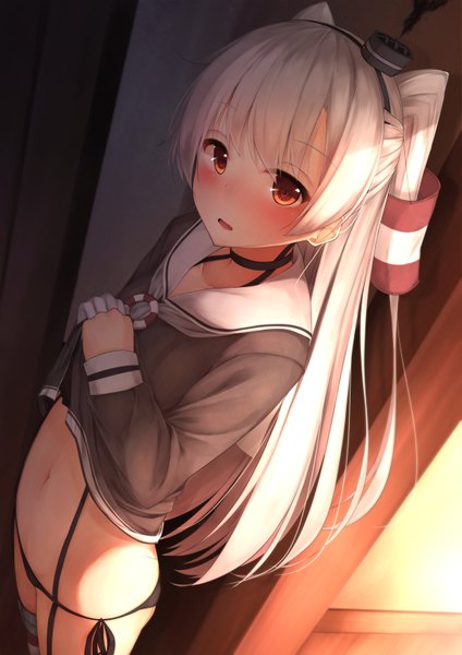 Anime picture 1157x1637 with kantai collection amatsukaze destroyer waterdog single long hair tall image looking at viewer blush light erotic brown eyes silver hair parted lips sunlight two side up embarrassed girl thighhighs gloves navel hair ornament