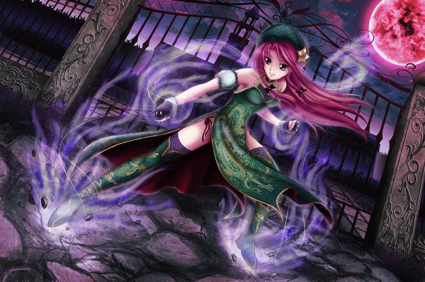 Anime picture 2000x1333 with touhou hong meiling skyspace (artist) single highres pink hair night magic red moon girl hat moon
