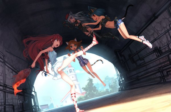 Anime picture 1797x1181 with original observerz long hair highres short hair open mouth blue eyes red eyes multiple girls animal ears blue hair silver hair red hair animal tail cat ears orange hair cat girl cat tail girl shorts