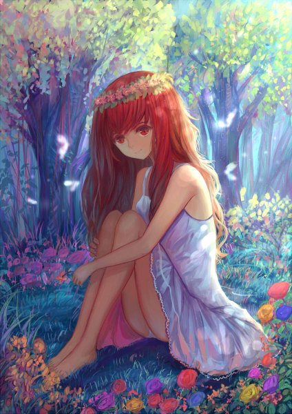 Anime picture 848x1200 with original nio (jacky19921205) single long hair tall image looking at viewer light erotic smile red eyes sitting red hair barefoot girl dress flower (flowers) plant (plants) tree (trees) sundress wreath