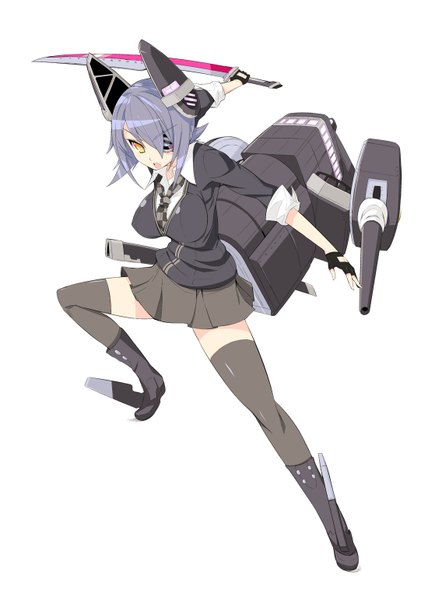 Anime picture 1117x1541 with kantai collection tenryuu light cruiser wasanbon (atwazooka) single tall image short hair breasts open mouth simple background large breasts white background yellow eyes grey hair girl thighhighs skirt gloves weapon black thighhighs miniskirt