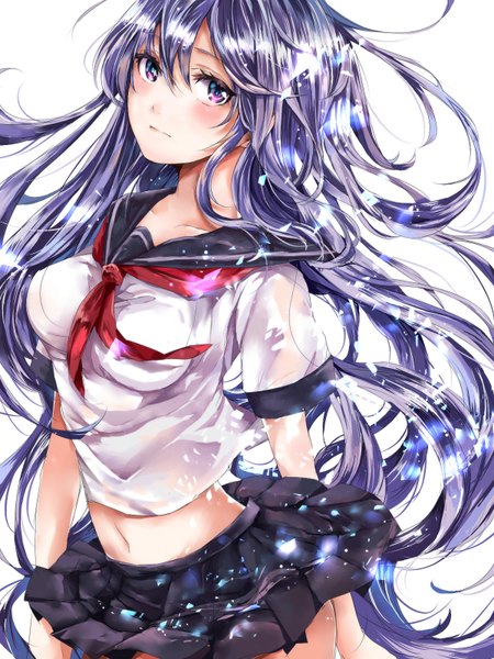Anime picture 1200x1600 with original assa 2 single long hair tall image looking at viewer blush fringe breasts simple background white background purple hair upper body pleated skirt wind midriff shiny girl skirt navel