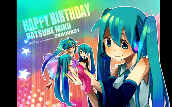 Anime picture 1280x800 with vocaloid world is mine (vocaloid) saihate (vocaloid) hatsune miku long hair smile wide image twintails holding aqua eyes aqua hair chibi minigirl formal girl dress detached sleeves necktie headphones suit