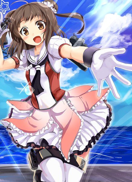 Anime picture 1090x1500 with kantai collection naka light cruiser tagme (artist) single tall image looking at viewer blush short hair smile brown hair standing brown eyes sky short sleeves remodel (kantai collection) girl dress gloves white gloves sea