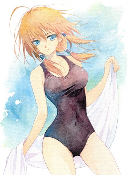 Anime picture 600x829 with otome wa boku ni koishiteru otome wa boku ni koishiteru futari no elder kayleigh glanzelius agahari single tall image looking at viewer blue eyes smile ahoge wind orange hair blue background traditional media watercolor (medium) girl swimsuit one-piece swimsuit towel hair tubes