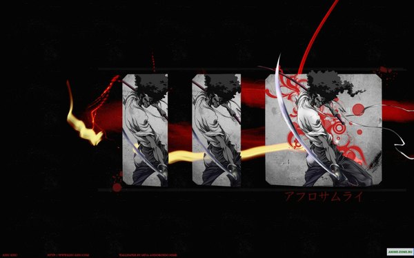 Anime picture 1680x1050 with afro samurai black hair wide image dark skin black background boy weapon sword katana