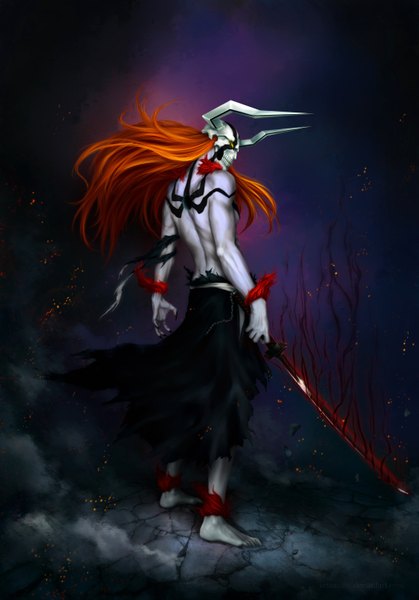 Anime picture 4196x6009 with bleach studio pierrot kurosaki ichigo zetsuai89 single long hair tall image highres standing yellow eyes absurdres barefoot horn (horns) from behind orange hair realistic tattoo torn clothes back glowing