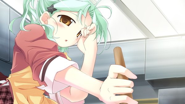 Anime picture 1024x576 with sanarara r nekoneko soft aoki ume single long hair blush wide image yellow eyes game cg green hair cooking girl uniform school uniform apron