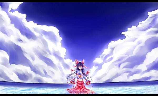 Anime picture 1600x978 with touhou hakurei reimu shunsuke single long hair wide image sky purple hair cloud (clouds) eyes closed girl bow hair bow