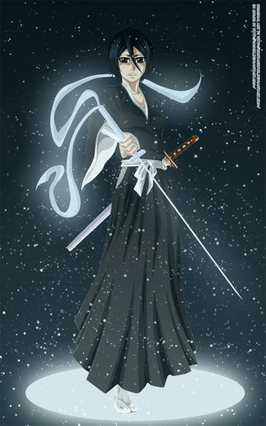 Anime picture 813x1300 with bleach studio pierrot kuchiki rukia ioshik single tall image short hair black hair smile traditional clothes japanese clothes black eyes coloring light snowing girl ribbon (ribbons) weapon sword belt