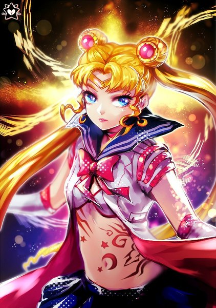 Anime picture 704x1000 with bishoujo senshi sailor moon toei animation tsukino usagi sailor moon single long hair tall image blue eyes blonde hair twintails lips tattoo alternate costume light dark background spread arms girl skirt gloves navel