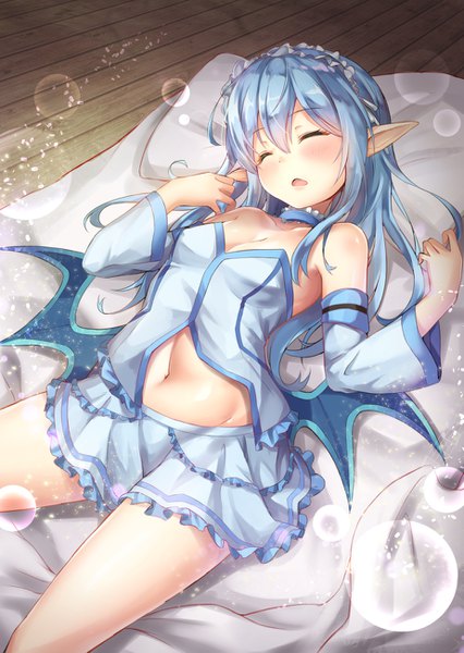 Anime picture 923x1300 with original cenangam single long hair tall image blush open mouth light erotic bare shoulders blue hair cleavage lying eyes closed pointy ears on back groin covered nipples sleeping demon wings frilly skirt