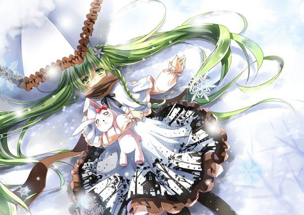 Anime picture 1287x910 with vocaloid hatsune miku jiji (381134808) single long hair blush twintails green eyes lying green hair on back snowing winter snow girl dress scarf umbrella toy stuffed animal