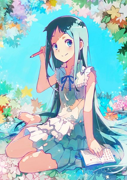 Anime picture 800x1129 with ano hi mita hana no namae wo bokutachi wa mada shiranai a-1 pictures honma meiko zhuxiao517 single tall image blush blue eyes smile sitting bare shoulders looking away full body very long hair barefoot grey hair girl dress sundress pencil